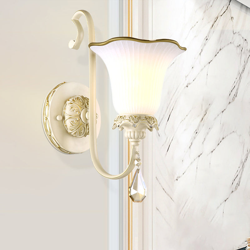 Single-Bulb Wall Sconce Lighting Antiqued Morning Glory Opaline Glass Wall Light in White