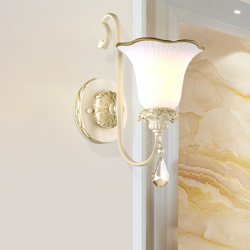 Single-Bulb Wall Sconce Lighting Antiqued Morning Glory Opaline Glass Wall Light in White