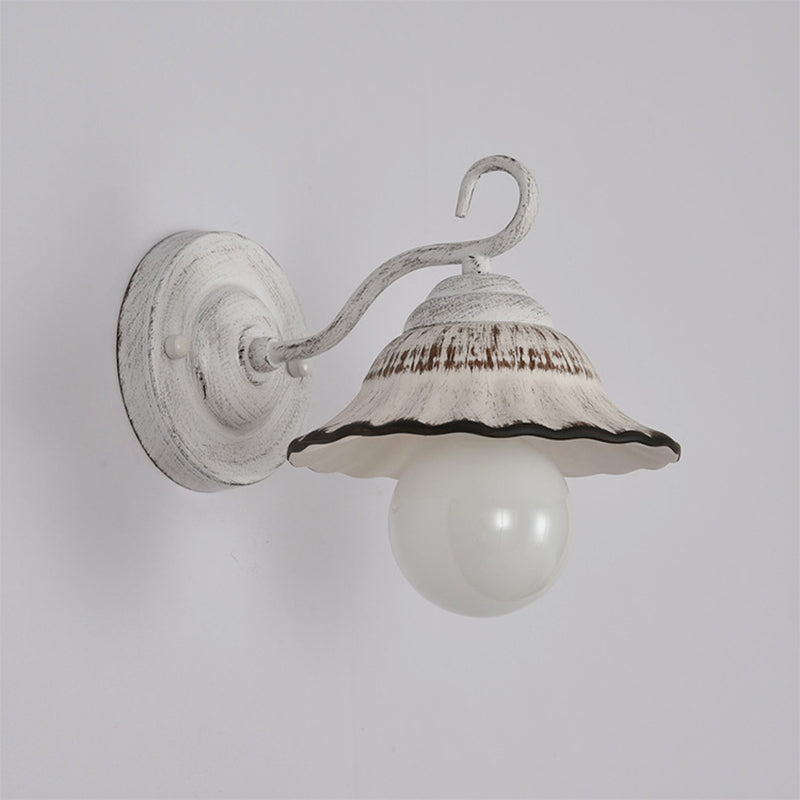 Ceramic Distressed White Sconce Light Wide Flare Shade Single Countryside Wall Mount Light