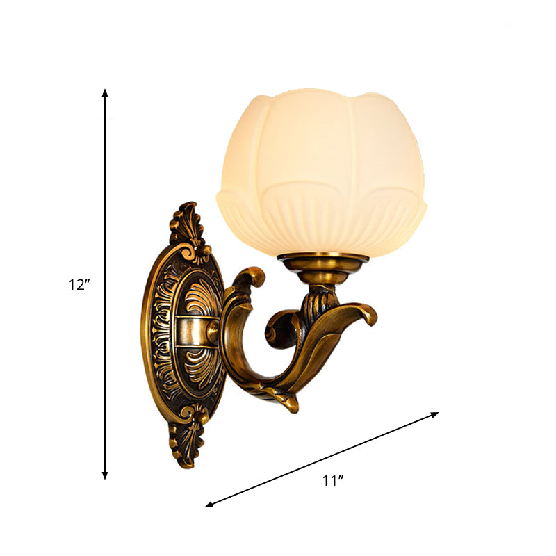 Flower Bud Milk Glass Wall Lamp Antiqued 1-Head Bedroom Wall Light Sconce in Brass