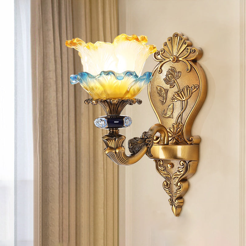 1/2-Light Wall Mount Light Fixture Retro Dining Room Sconce with Layered Ruffle Frosted Glass Shade in Brass