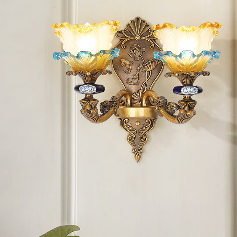 1/2-Light Wall Mount Light Fixture Retro Dining Room Sconce with Layered Ruffle Frosted Glass Shade in Brass