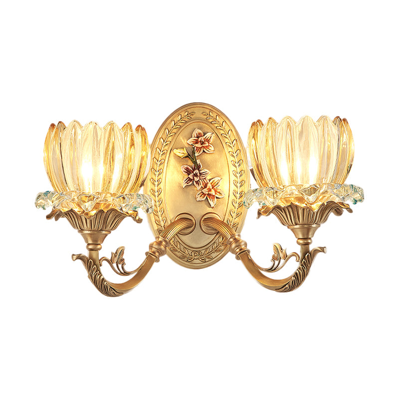 Antique Flower Wall Lamp 2 Lights Clear Ribbed Glass Sconce Lighting Fixture in Gold