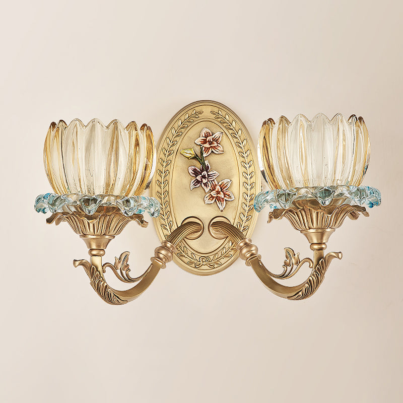 Antique Flower Wall Lamp 2 Lights Clear Ribbed Glass Sconce Lighting Fixture in Gold