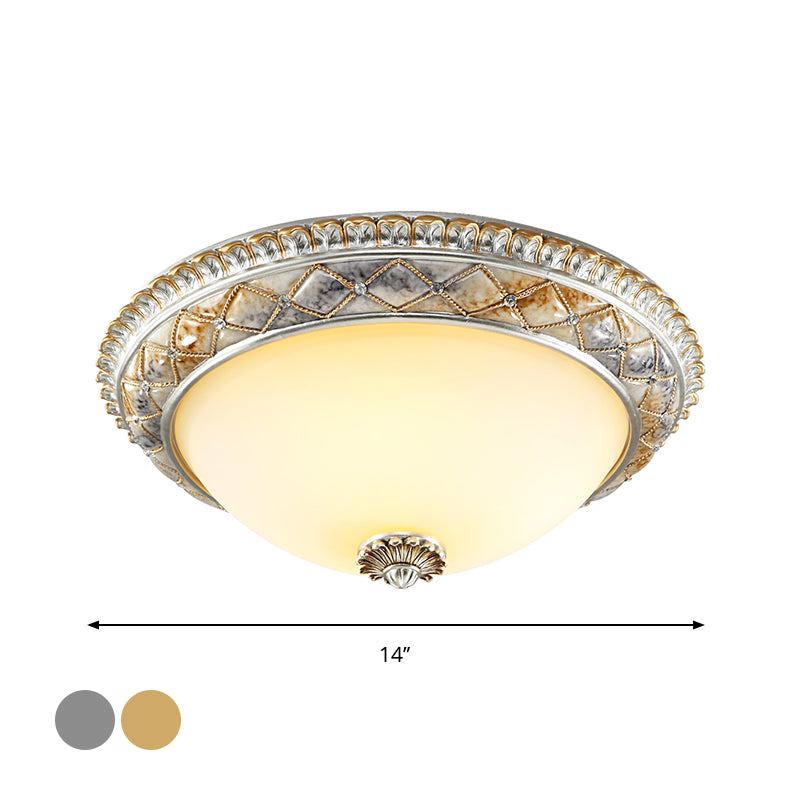 Dome Bedroom Ceiling Light Fixture Traditional Frosted White Glass 14"/16"/19.5" W 2/3-Head Gold/Silver Flush Mount