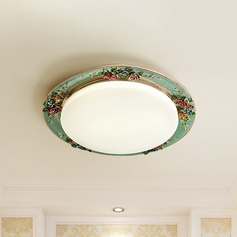 Handcrafted Rose Round Resin Flush Mount Retro Bedroom LED Close to Ceiling Light in Beige/Green/Silver Grey