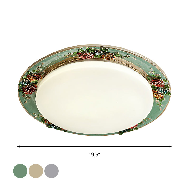 Handcrafted Rose Round Resin Flush Mount Retro Bedroom LED Close to Ceiling Light in Beige/Green/Silver Grey