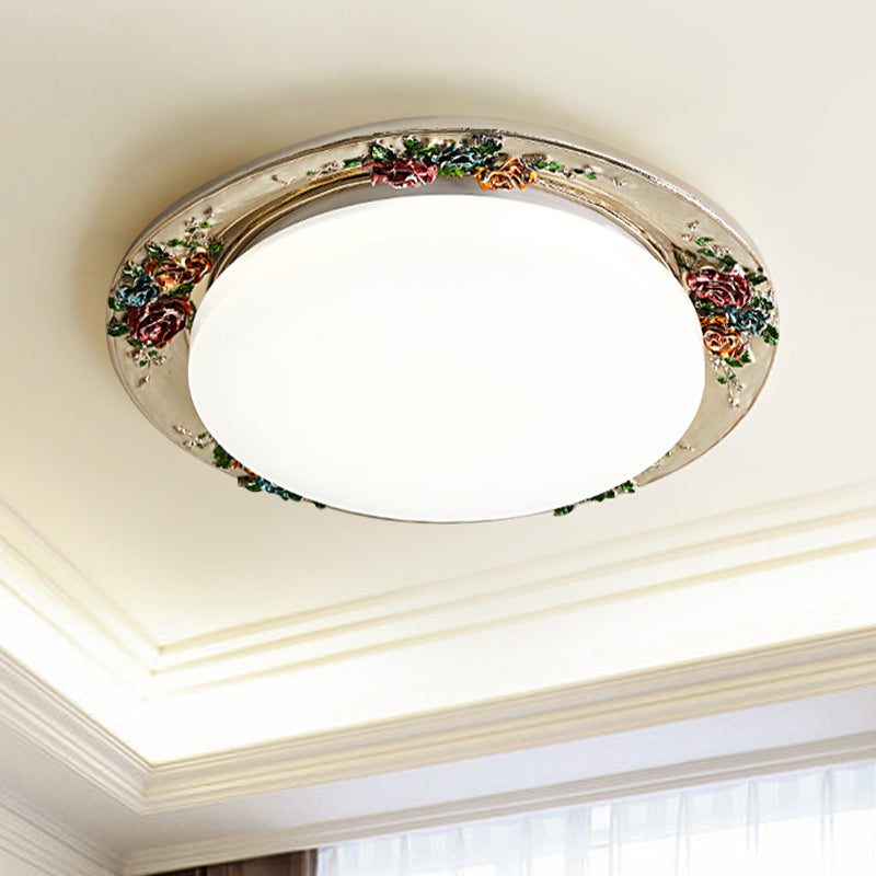Handcrafted Rose Round Resin Flush Mount Retro Bedroom LED Close to Ceiling Light in Beige/Green/Silver Grey