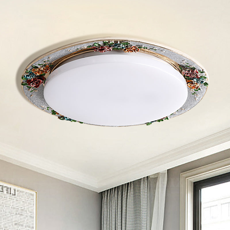 Handcrafted Rose Round Resin Flush Mount Retro Bedroom LED Close to Ceiling Light in Beige/Green/Silver Grey
