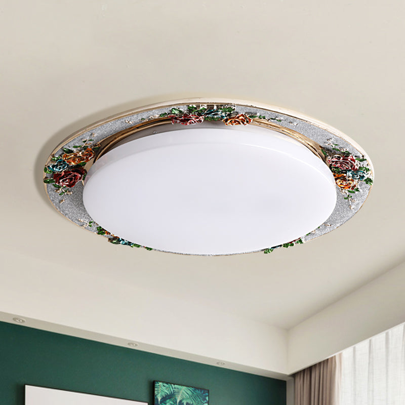 Handcrafted Rose Round Resin Flush Mount Retro Bedroom LED Close to Ceiling Light in Beige/Green/Silver Grey