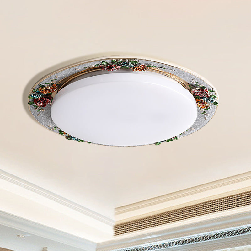 Handcrafted Rose Round Resin Flush Mount Retro Bedroom LED Close to Ceiling Light in Beige/Green/Silver Grey