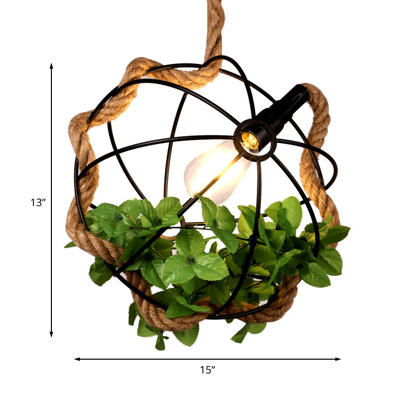 Lampada a ciondolo in metallo a gabbia rotonda Lampada 1 Restaugatura Luce Sospensione Luce con corda e foglia artificiale in nero