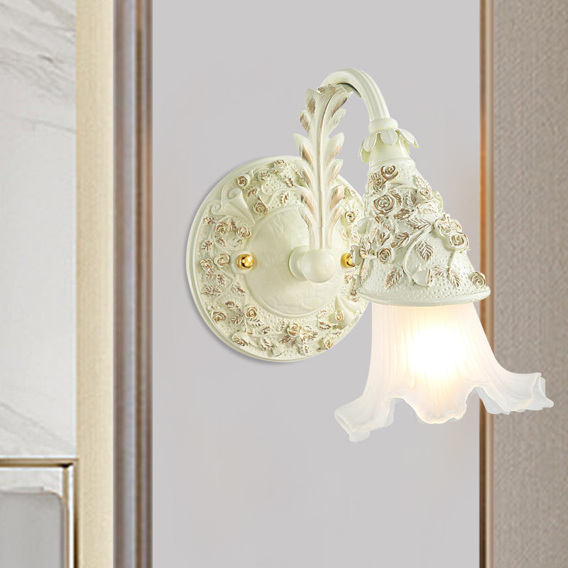 Ruffled Bath Vanity Wall Sconce Antique Frosted Glass 1/2/3-Bulb White Wall Mount Light Fixture