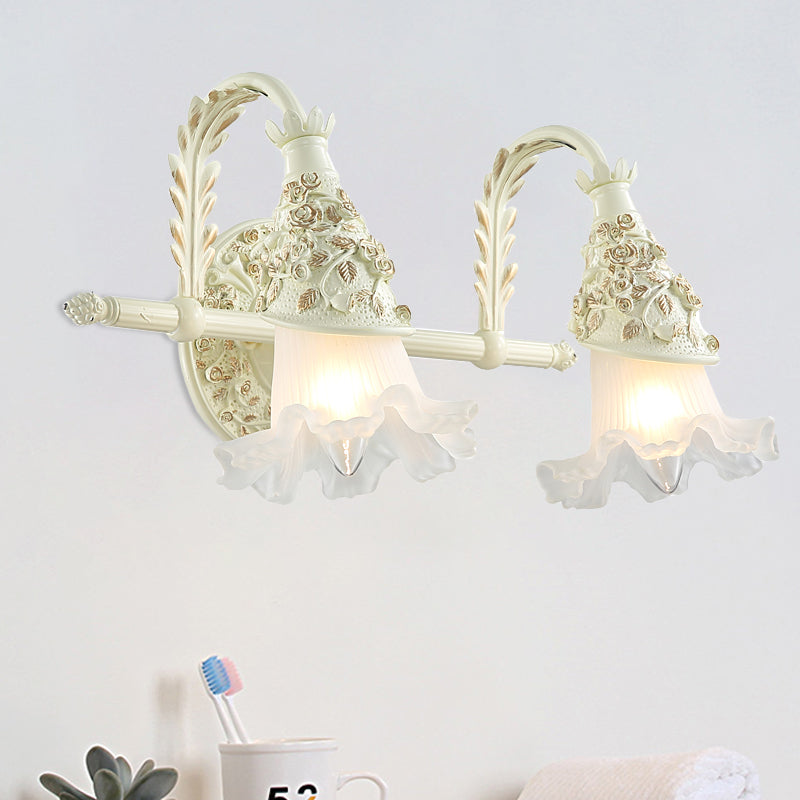 Ruffled Bath Vanity Wall Sconce Antique Frosted Glass 1/2/3-Bulb White Wall Mount Light Fixture