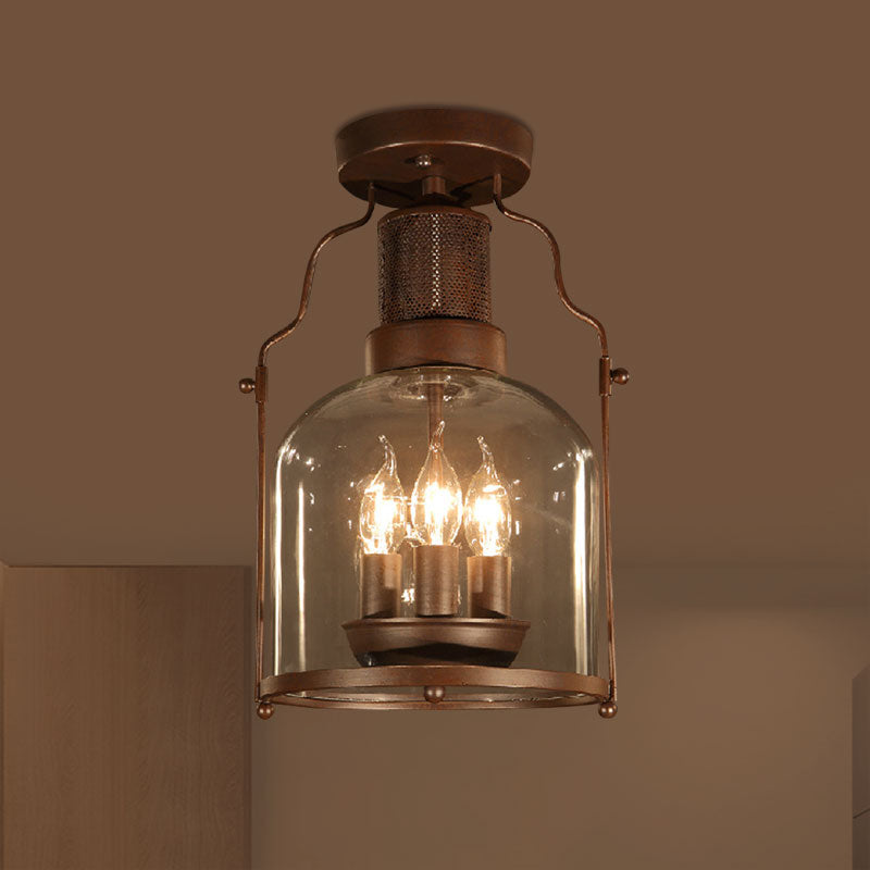 3-Light Ceiling Light Fixture with Dome Shade Clear Glass Rustic Living Room Semi Flush in Rust