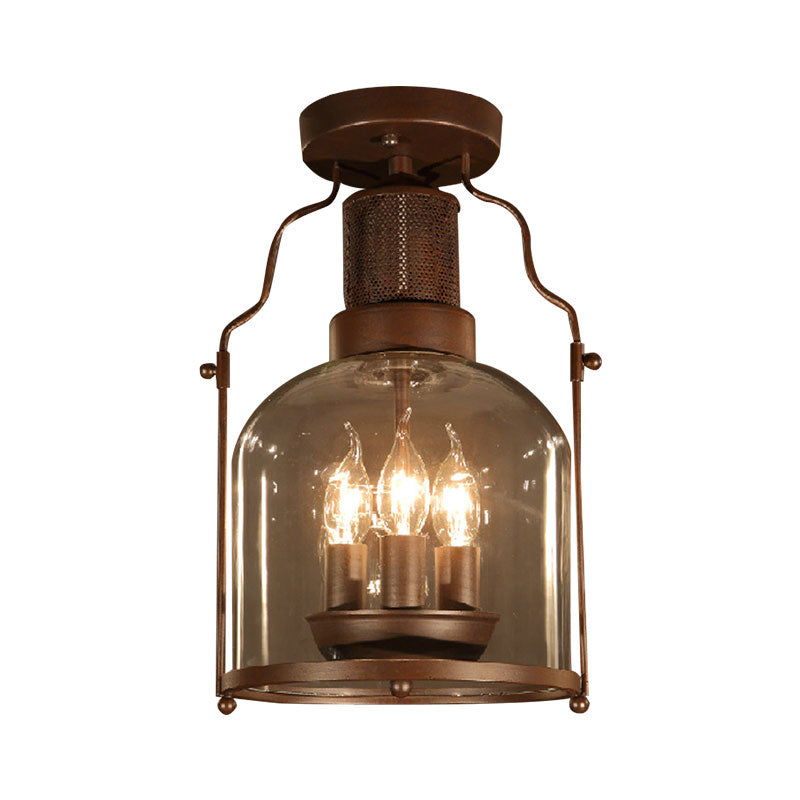3-Light Ceiling Light Fixture with Dome Shade Clear Glass Rustic Living Room Semi Flush in Rust