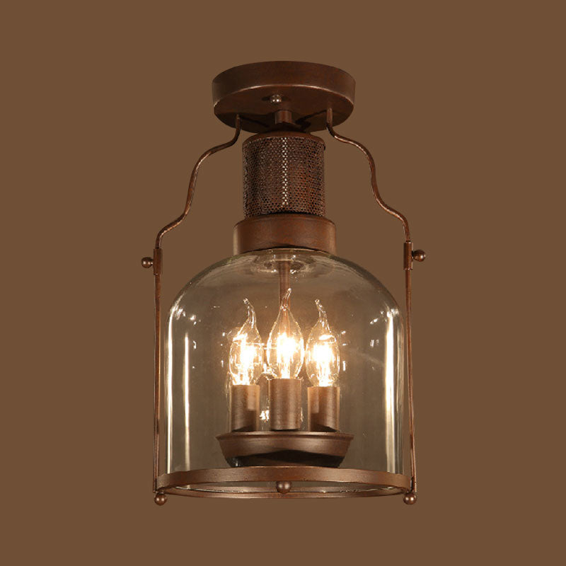 3-Light Ceiling Light Fixture with Dome Shade Clear Glass Rustic Living Room Semi Flush in Rust