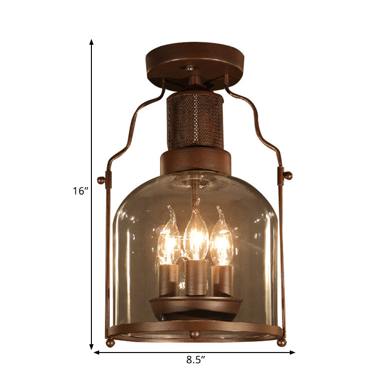 3-Light Ceiling Light Fixture with Dome Shade Clear Glass Rustic Living Room Semi Flush in Rust