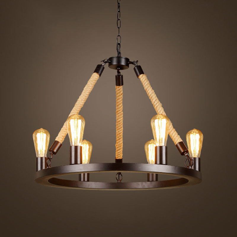 Metallic Circular Hanging Lamp with Exposed Bulb and Rope Vintage 6/8 Lights Dining Room Suspension Light in Brown