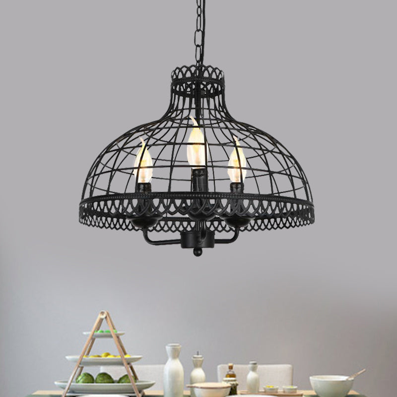 Metallic Dome Cage Shade plafonnier industriel rétro 3 têtes Farmhouse Candle plafond plafond en noir