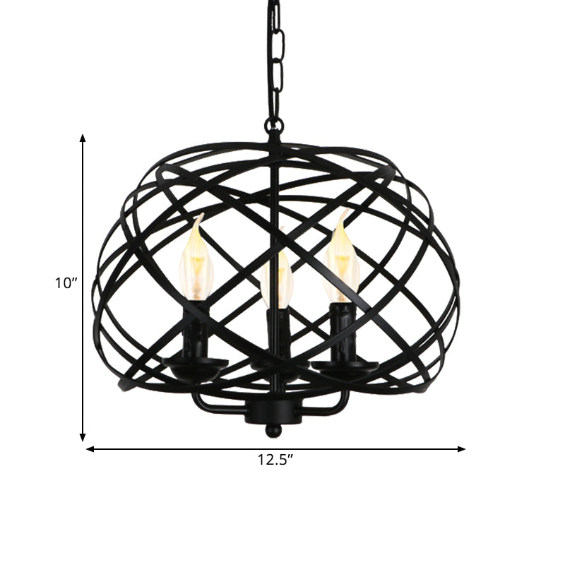 Industrial Geometric Ceiling Light with Cage Shade 3 Bulbs Metal Chandelier Lamp in Black for Kitchen