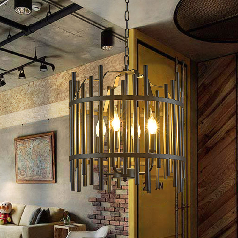 Black Caged Chandelier Pendant Light Vintage Industrial Metal 4 Heads Restaurant Chandelier Light