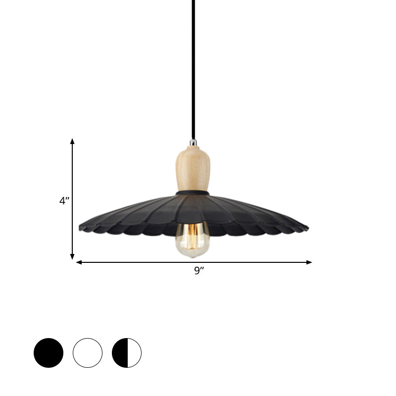 1 Light Scalloped Edge Hanging Lamp Vintage Stylish Black/White/Black Outer and White Inner Metal Pendant Light for Dining Table, 9"/14"/16" Diameter