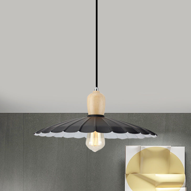 1 Light Scalloped Edge Hanging Lamp Vintage Stylish Black/White/Black Outer and White Inner Metal Pendant Light for Dining Table, 9"/14"/16" Diameter