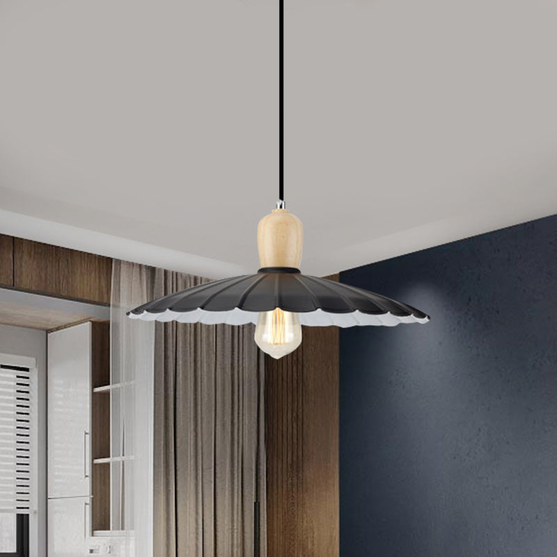 1 Light Scalloped Edge Hanging Lamp Vintage Stylish Black/White/Black Outer and White Inner Metal Pendant Light for Dining Table, 9"/14"/16" Diameter