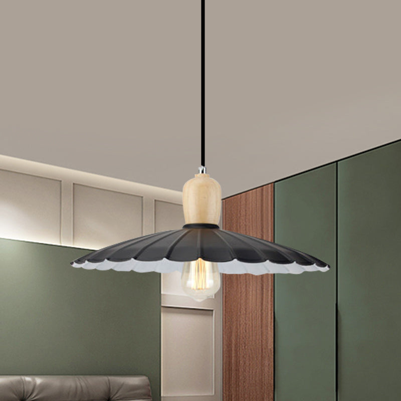 1 Light Scalloped Edge Hanging Lamp Vintage Stylish Black/White/Black Outer and White Inner Metal Pendant Light for Dining Table, 9"/14"/16" Diameter