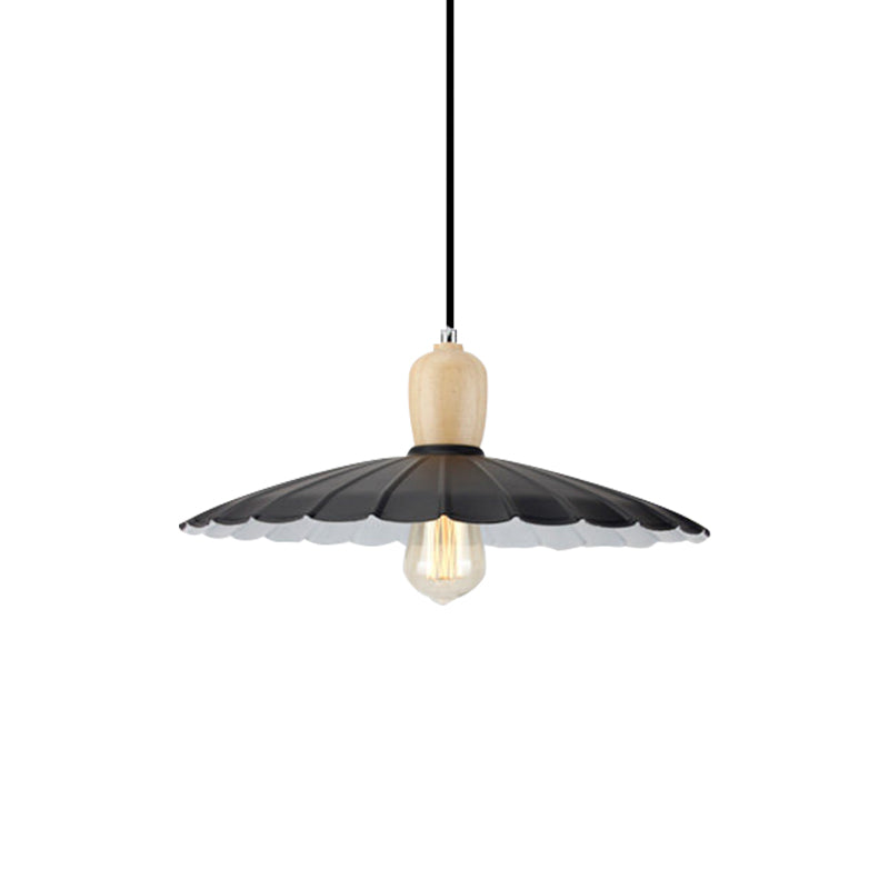 1 Light Scalloped Edge Hanging Lamp Vintage Stylish Black/White/Black Outer and White Inner Metal Pendant Light for Dining Table, 9"/14"/16" Diameter