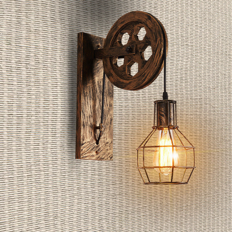 Metallkugel Grid Cage Wall Light mit Riemenscheibendeko 1 Leicht antike Wandleuchten in Bronze für die Bar