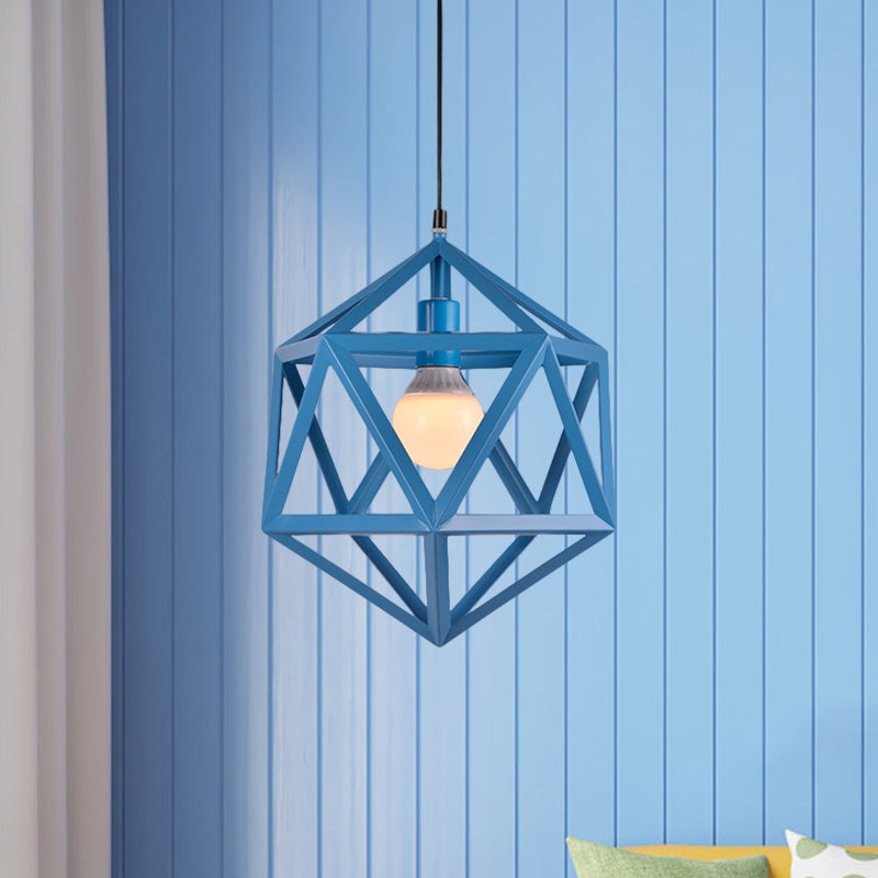 Geometric Metal Pendant Light Industrial Single Light Dining Room Hanging Lamp in Blue/White/Yellow