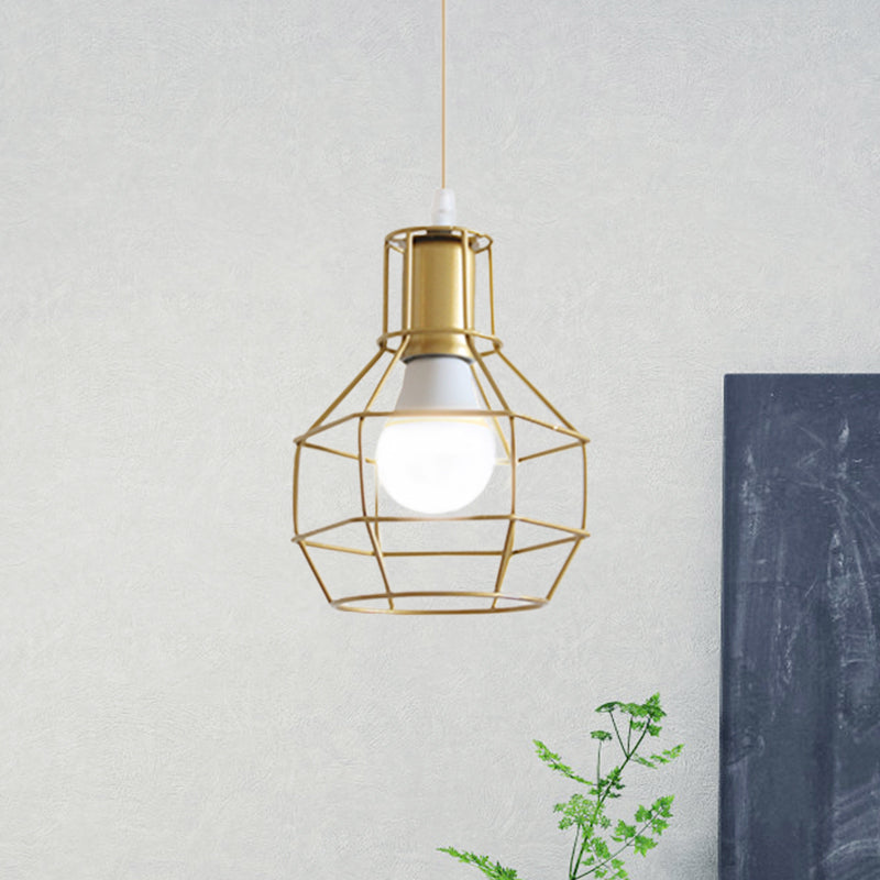 Gold Wire Cage Pendant Light 1 Head Retro Industrial Iron Hanging Lamp with Shade for Coffee Shop