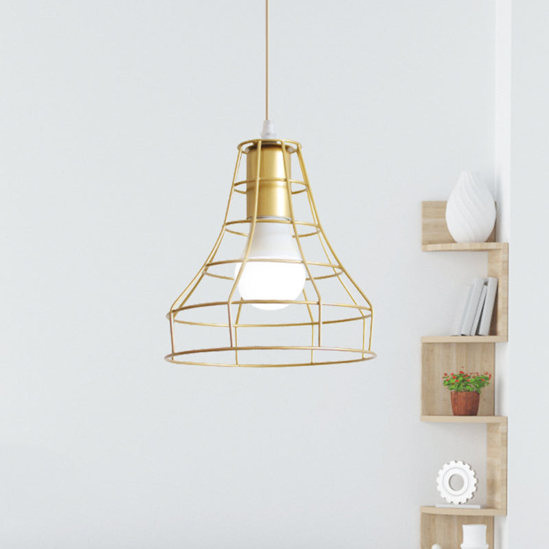 Gold Wire Cage Pendant Light 1 Head Retro Industrial Iron Hanging Lamp with Shade for Coffee Shop