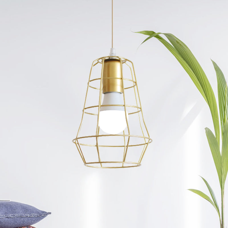 Gold Wire Cage Pendant Light 1 Head Retro Industrial Iron Hanging Lamp with Shade for Coffee Shop