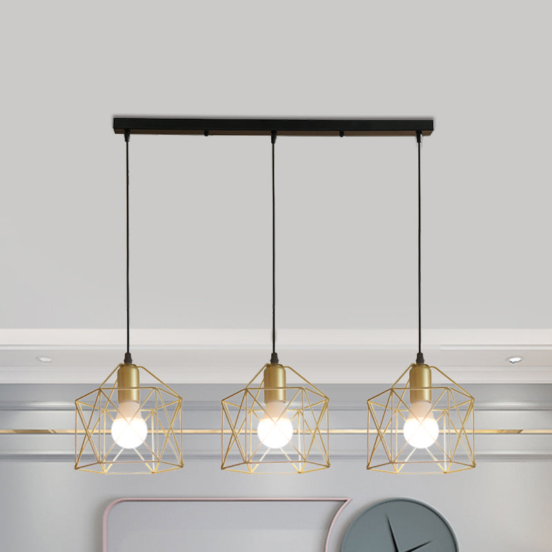 3 Lights Ceiling Light with Hexagon Cage Shade Iron Industrial Style Restaurant Hanging Light in Gold
