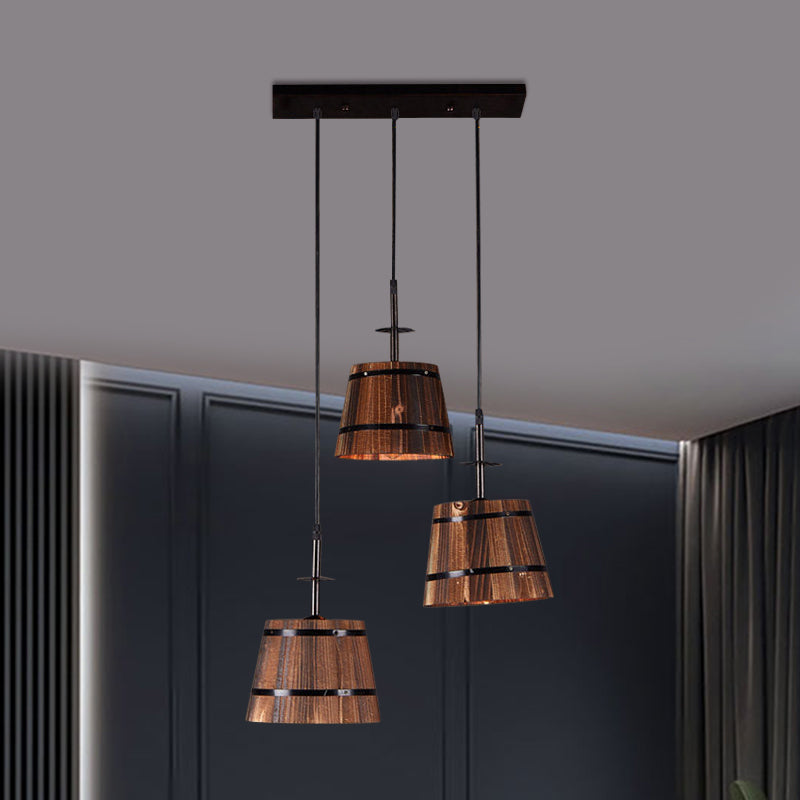 3-Bulb Bucket Pendant Light Rustic Stylish Wooden Hanging Lamp in Brown for Villa