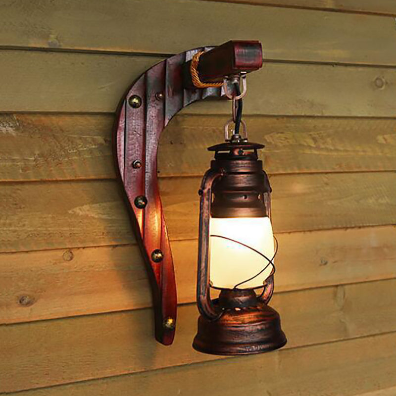 Rame antico una luce leggera leggera leggera rustica in vetro di vetro di cherosene illuminazione con retro in legno