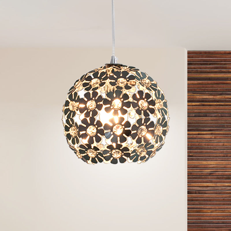 Floral Globe Shade Hanging Light Fixture Contemporary Aluminum 1 Light Chrome Suspension Lamp with Crystal Accent