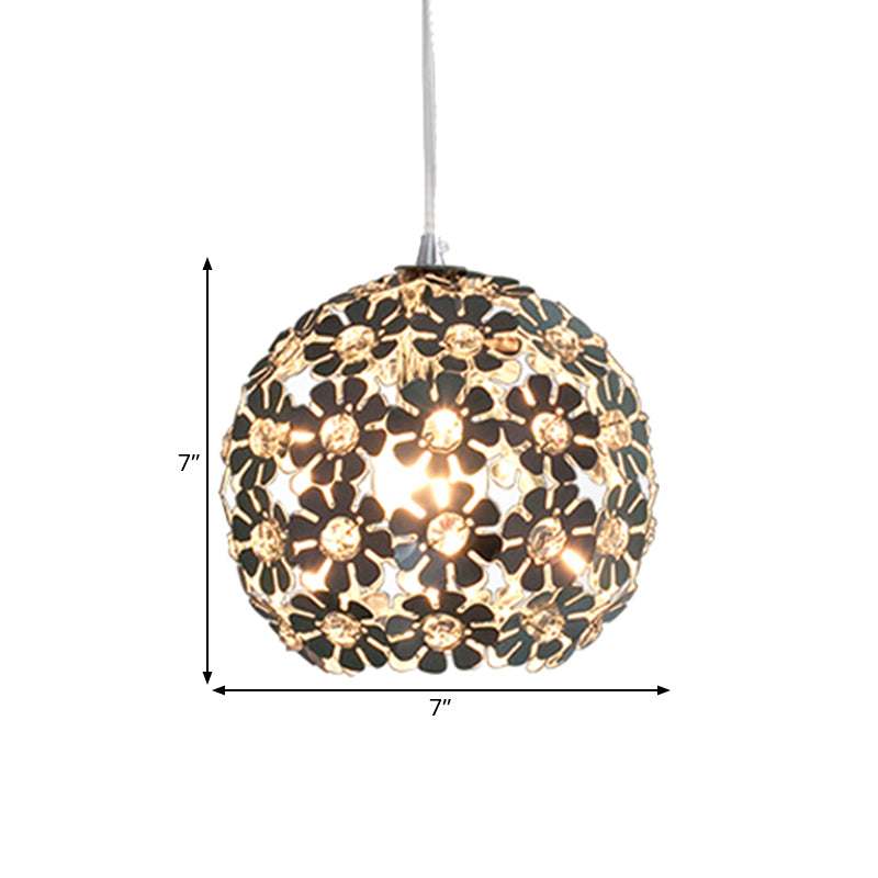 Floral Globe Shade Hanging Light Fixture Contemporary Aluminum 1 Light Chrome Suspension Lamp with Crystal Accent