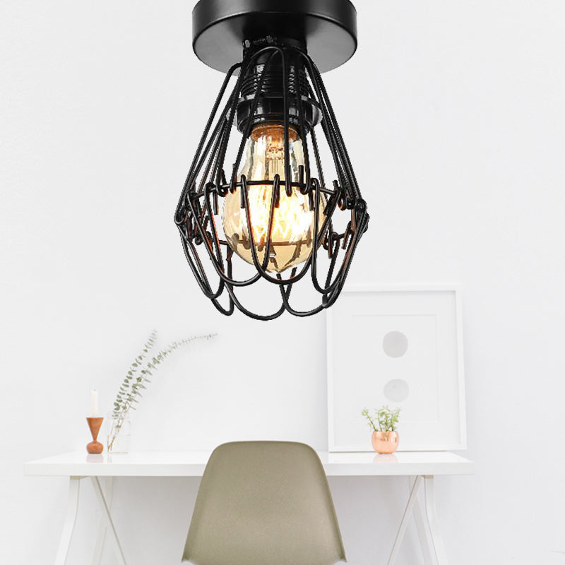 Suspension encastrée à cage industrielle avec motif pétale, éclairage de plafond en métal à 1 lumière en noir pour café