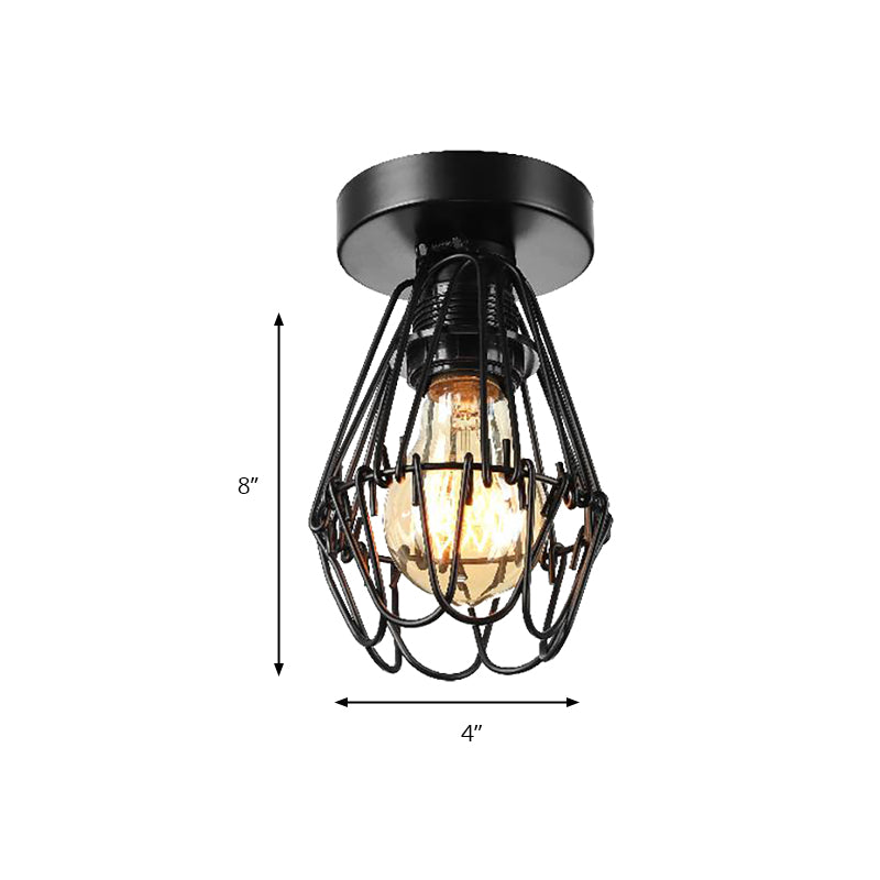 Suspension encastrée à cage industrielle avec motif pétale, éclairage de plafond en métal à 1 lumière en noir pour café