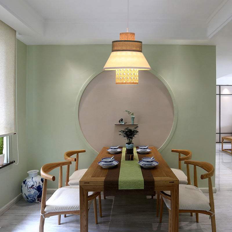 Luz colgante de trabajo a mano estilo asiático de tela verde/morado 1 lámpara colgante de dormitorio ligero con sombra interior de bambú