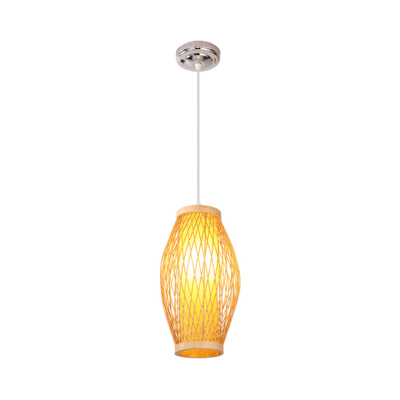 Beige Kreuz gewebter Anhänger hängendes Licht mit ovalem Schatten moderner 1 Kopf Bambus Anhängerlampe, 6 "/9" Breite