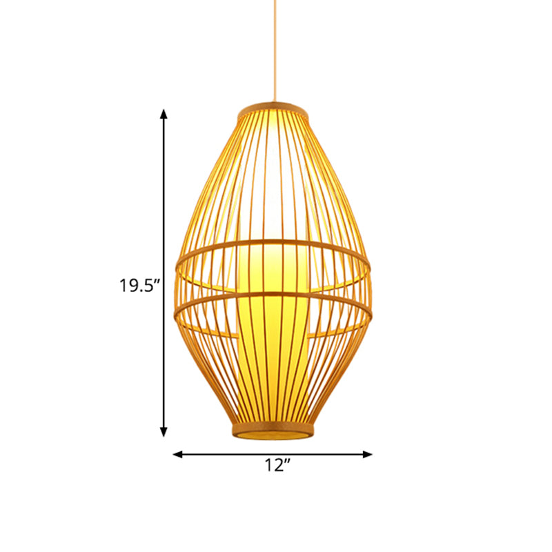 Lumière suspendue beige tissée à la main avec une teinte ovale style asiatique à 1 lampe en bambou à la lumière
