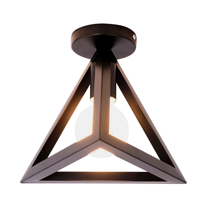 Lámpara de techo semi empotrada de jaula de alambre industrial retro con pantalla triangular Lámpara de techo de metal de 1 cabezal en negro/gris/blanco