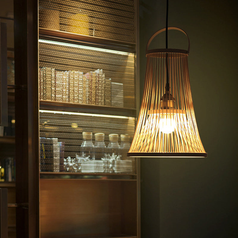 Bamboo Trumpet Shade Hanging Light Asian Style 1 Bulbe Bulbe Bégeau de plafond Plafond avec poignée arquée