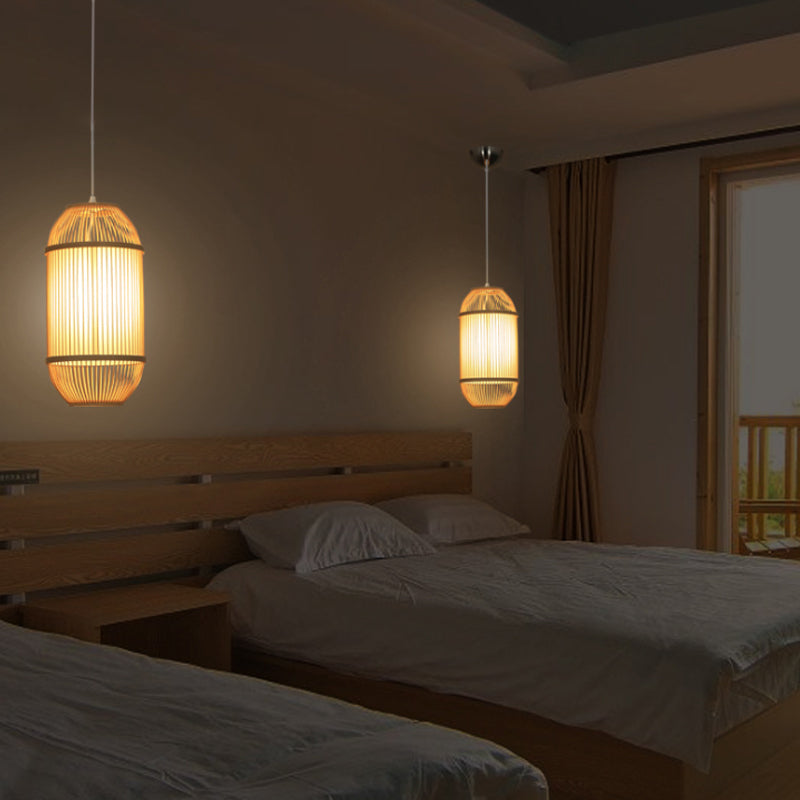 Oblong Shade Hanging Lamp Country Style Bamboo 1-Light Beige Ceiling Light Fixture for Bedroom