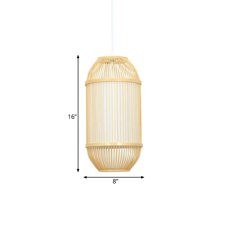 Oblong Shade Hanging Lamp Country Style Bamboo 1-Light Beige Ceiling Light Fixture for Bedroom